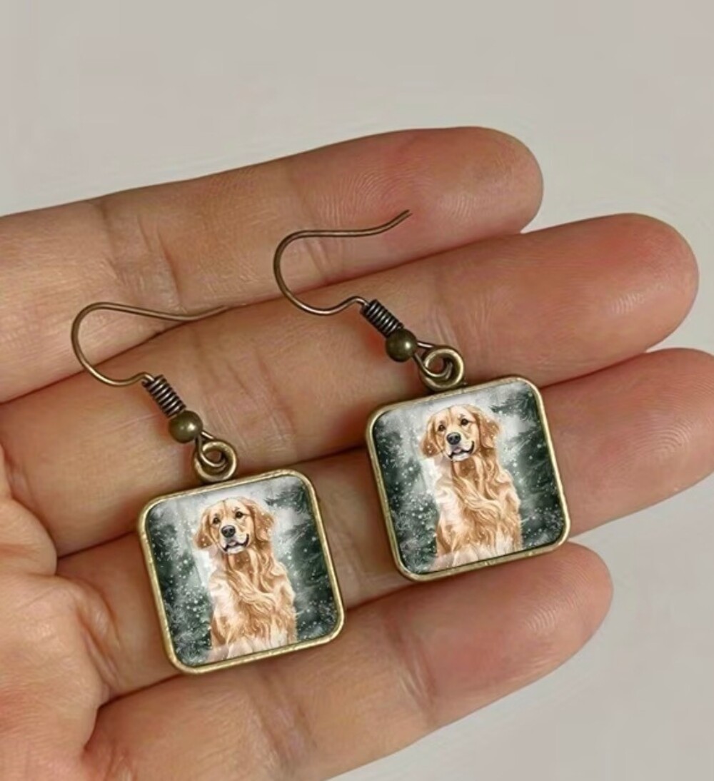 Golden Retriever Dog Dangle Earrings Bronze Frame New